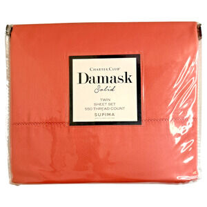 Charter Club Damask Solid TWIN Sheet Set Poppy 3-Piece 550 TC Supima Coral NEW